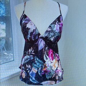 Linea Donatella Floral Cami Top Womens L Black Lace Trim Tropical Floral Print